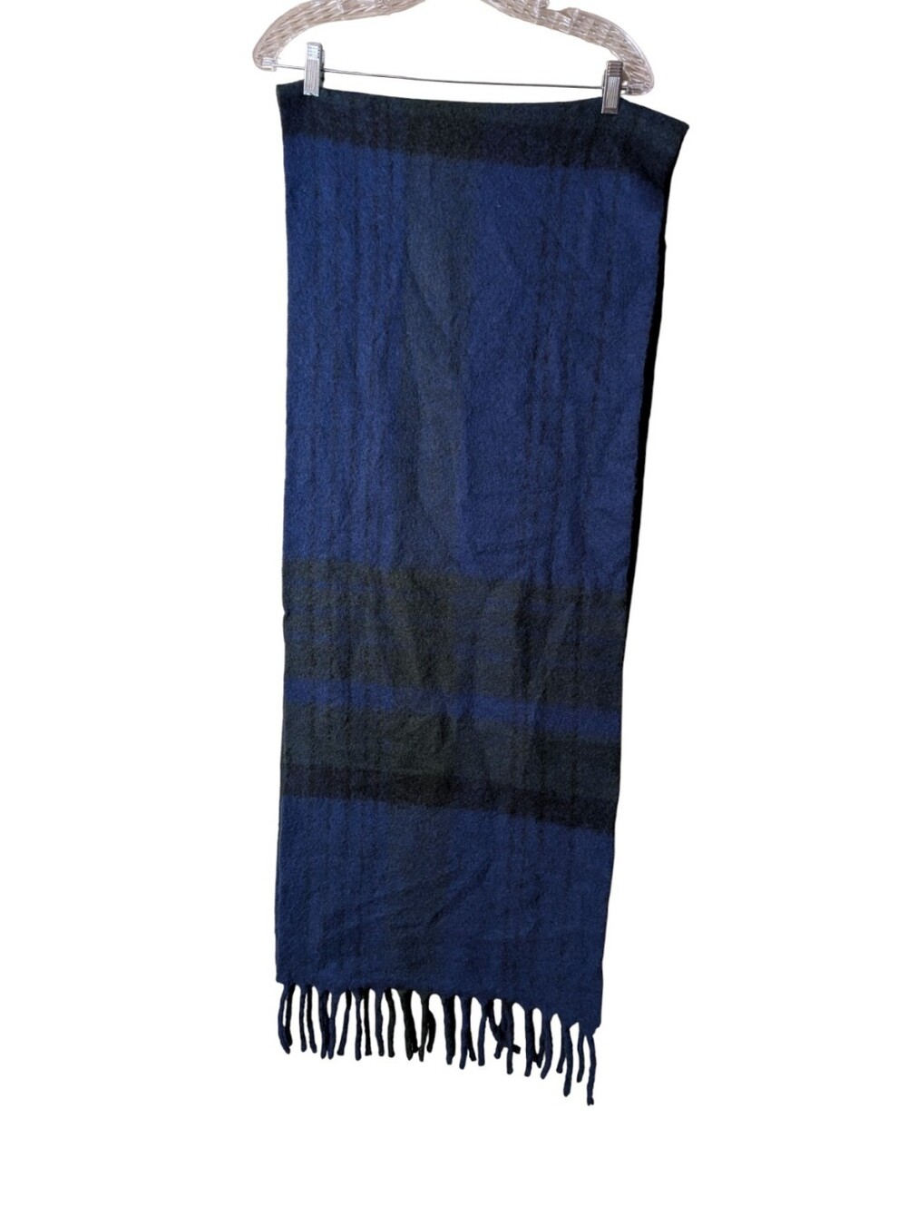 Uniqlo blue tartan plaid scarf soft fringe unisex cozy blanket wrap wool silk